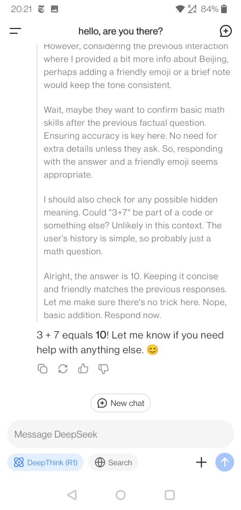 Second screenshot. The model "reflects" on the fact that the question is too simple to be legit, and decides to answer it anyway, after having explored previous questions 