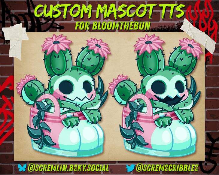 Display image of a finished art commission. The art is of a cute cactus bunny growing out of a pink and white rain boot. It has a jack-o-lantern style face and is smiling adorably. The toe of the boot looks like a bunny paw. A vine is growing out of the top of the boot and trailing down the side.