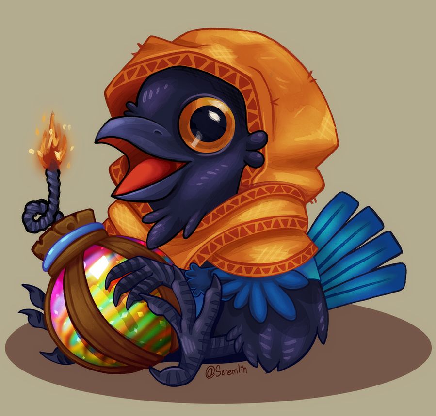 illustration of a small magpie tengu hugging a colorful home made bomb. The fuse on the bomb is lit and the character has an excited expression on their face.