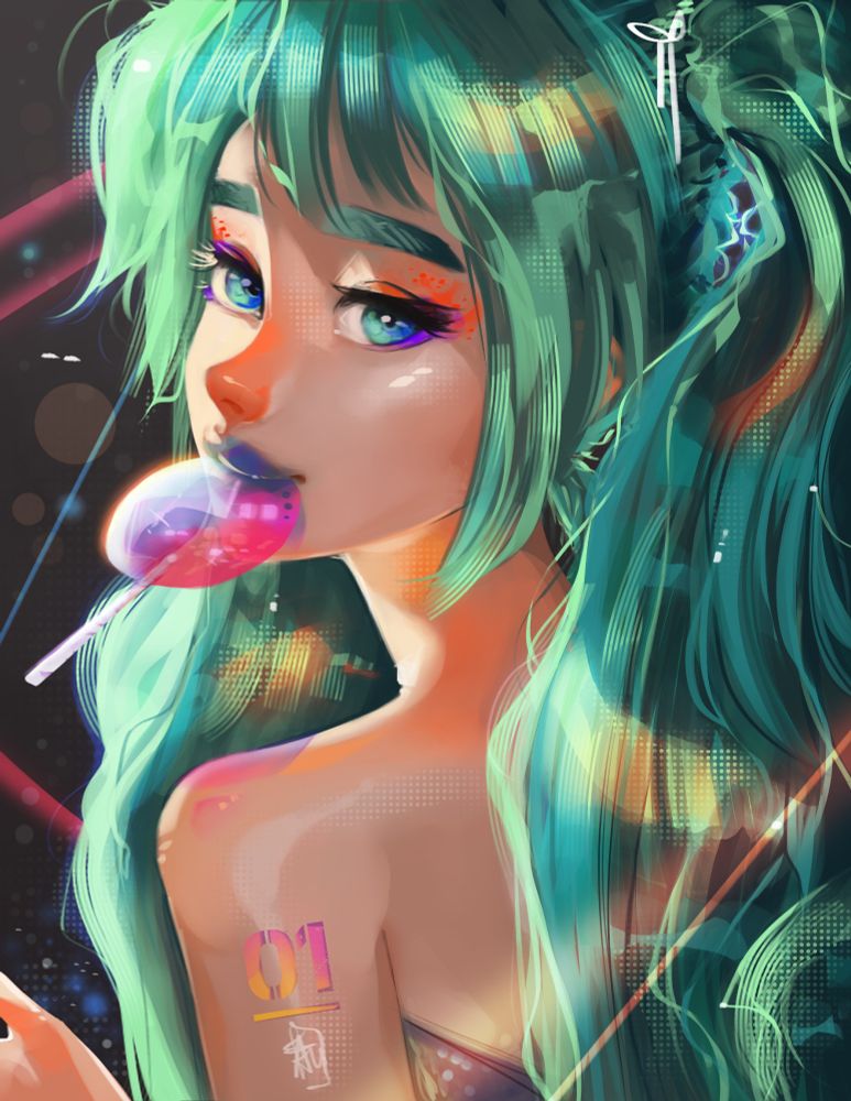 Fan portrait of Hatsune Miku of Vocaloid done in vibrant colors. Copyright Vocaloid / Yamaha. All Rights Reserved.