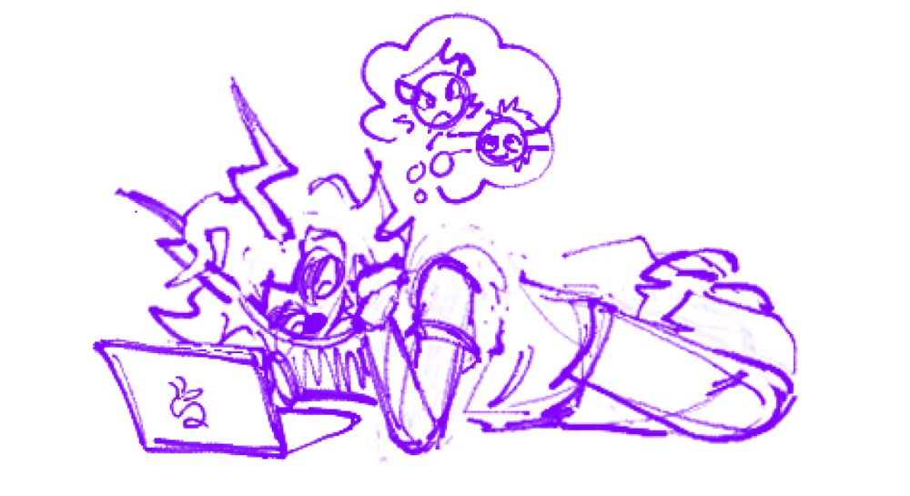 a drawing of gamzee makara from homestuck. he is lounging on his side with his chin propped up in his hand. he is typing with his other hand on his laptop in front of him. he is thinking about karkat and tavros.