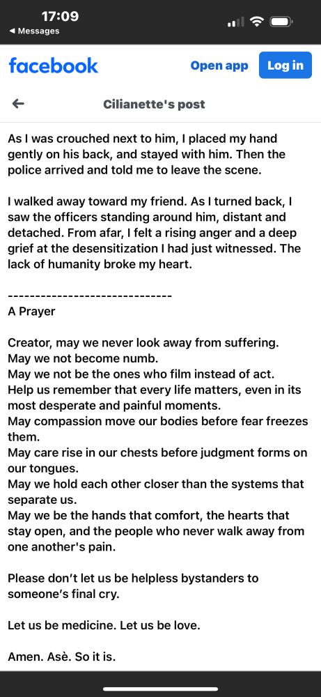 Facebook post from Cilianette Simon which describes her intervention of an unhoused person who, under Canadas oppressive unjust legislation of poverty, tried to self emulate here in settler Victoria in B.C. Canada