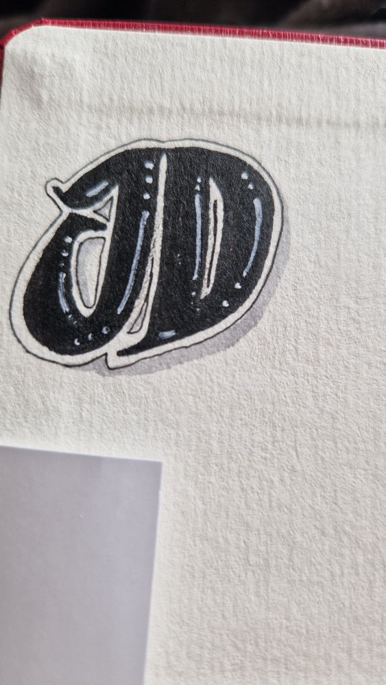 Initials - JD - on inside cover of sketchbook. Black ink, 3D font with white highlights.