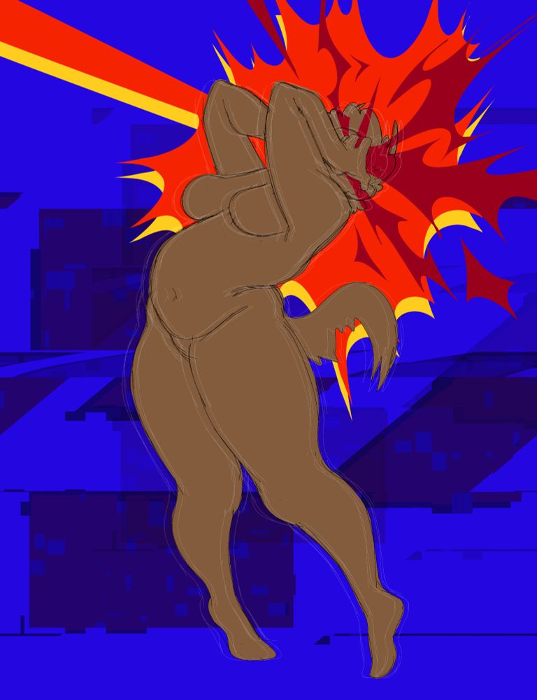 Vertical artwork with saturated blues, reds, and yellows. The figure in the center is a bit weighted, suspended in the air, arching backwards, and clutching her face with her hands as if in excruciating pain. Sharp shapes of red jut out from under the hands and in front of the face as if to visually signify the pain, and an explosion shape of a brighter red and yellow is seen behind the head. The blue background includes scattered dark blue boxes with a glitching effect. 