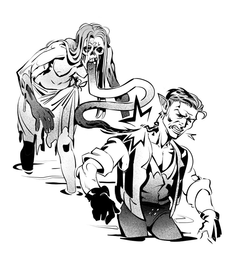 A black and white digital ink drawing of A zombie wading in water. It hosts an undead zombie tongue leech in her mouth. The leech whips itself and implants a parasite into the neck of an unknowing elf victim. 