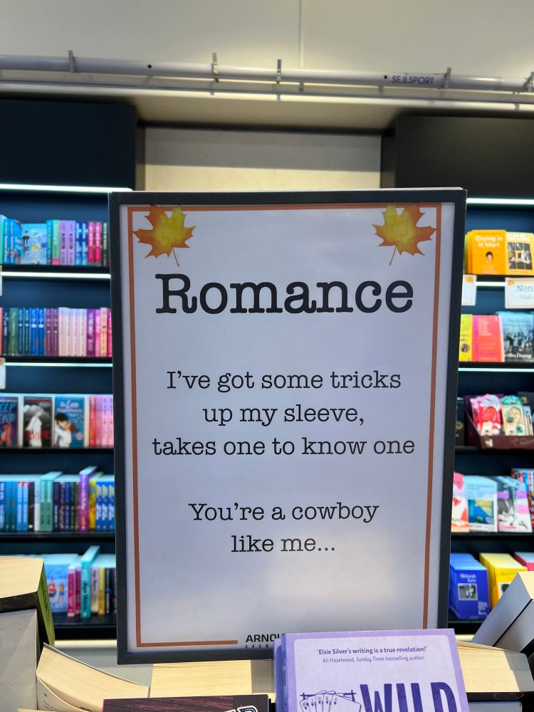 A sign above books in a bookstore that says Romance at the top and quotes Taylor Swift’s cowboy like me song at the bottom. “I’ve got some tricks up my sleeve, takes one to know one. You’re a cowboy like me…”