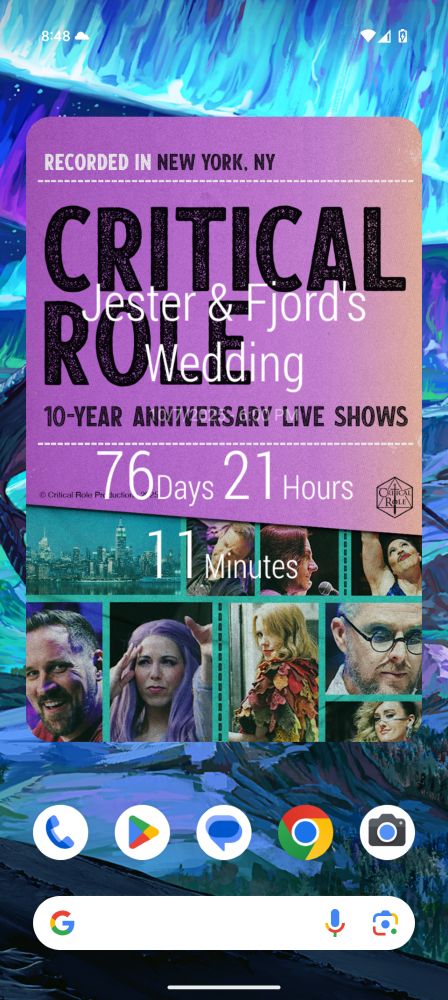 An android phone widget showing a poster for the Critical Role NYC live show. Over it it says "Jester and Ford's wedding" and has a countdown that says it's 76 days away! 