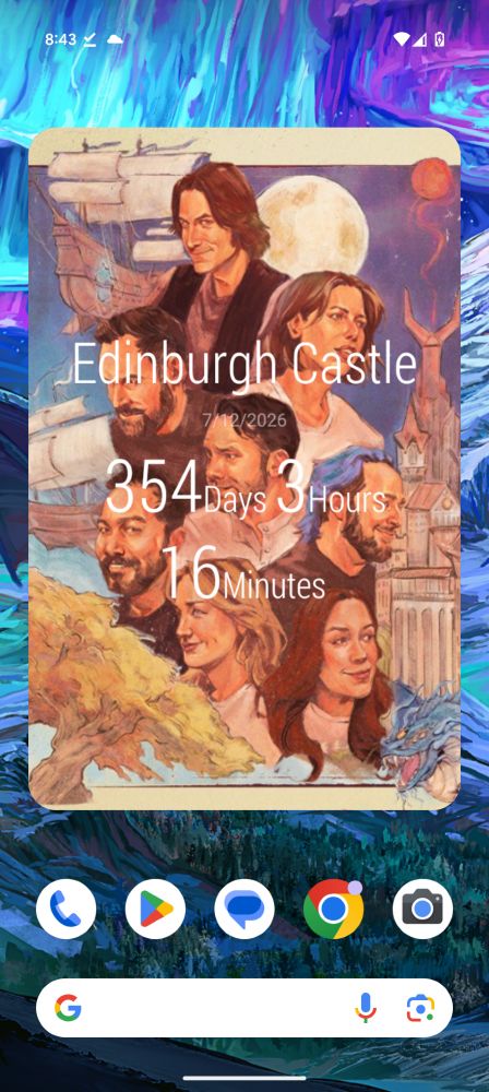 An android phone widget showing the Critical Role Echos of Exandria poster with "Edinburgh Castle" written over it with a countdown showing that there are 354 days until the show