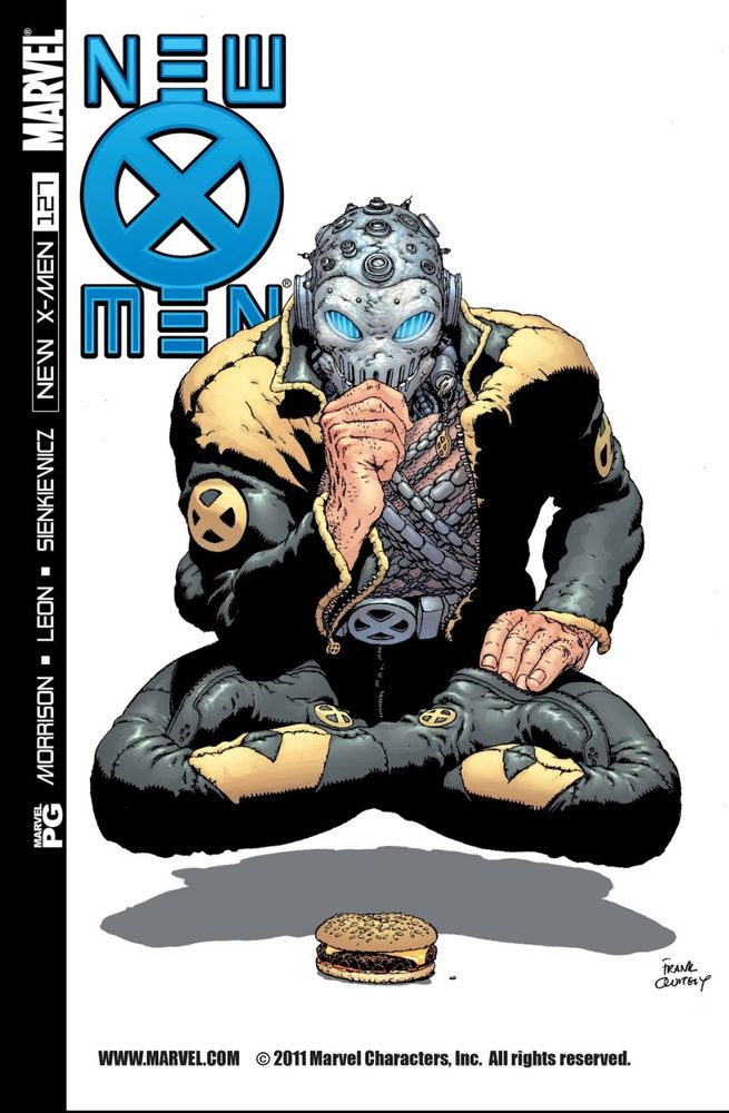 The cover of New X-Men 127. It features Xorn, a man with a black leather suit and metal mask, hovering in a cross-legged pose. 