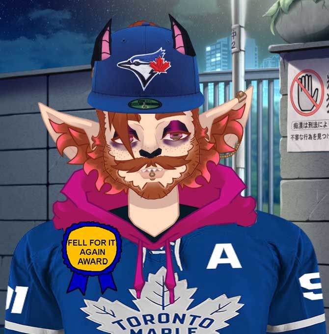 an image of red violet tv's satyr vtuber avatar with a poorly photoshopped Toronto Maple Leafs hockey jersey and Toronto Blue Jays hat, with a pin that says "fell for it again award"