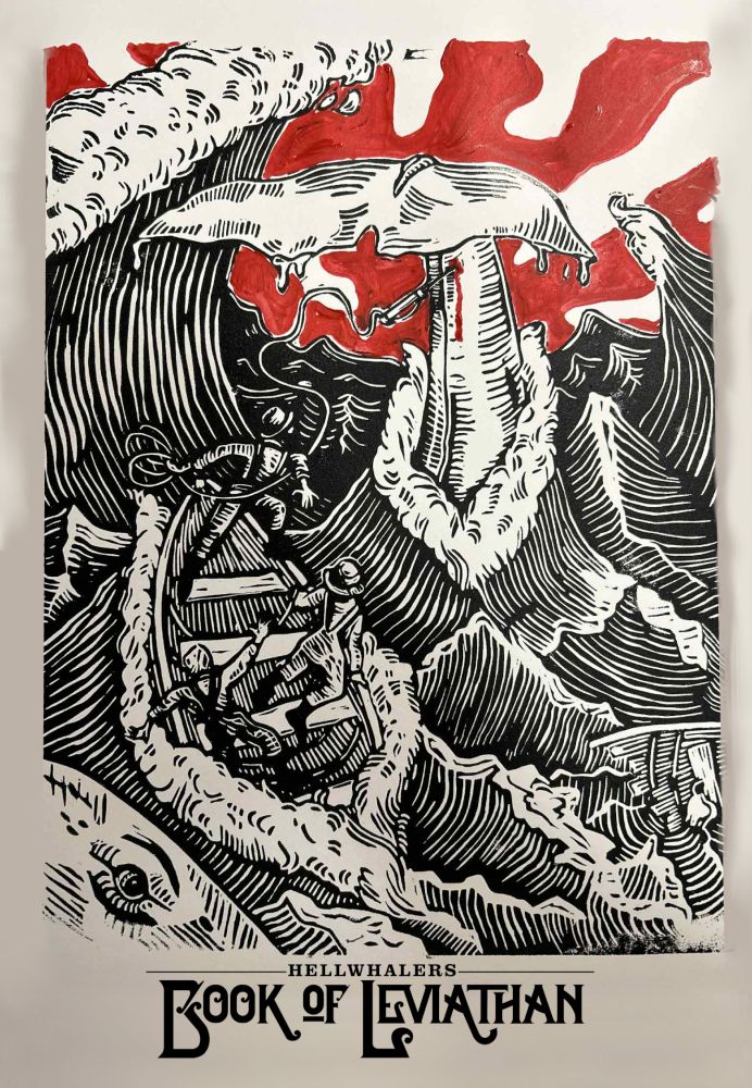 A linocut cover of three whalers in a small boat, one tossing a harpoon in a dramatic pose. The harpoon has struck a whale tail amid the churning sea, and blood pours from the wound. The background is lit with red lines of energy or emphasis.