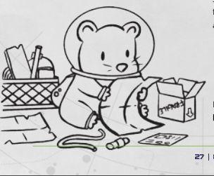 A doodle of a small animal in a space suit. It’s holding a a schematic and is surrounded by junk.
