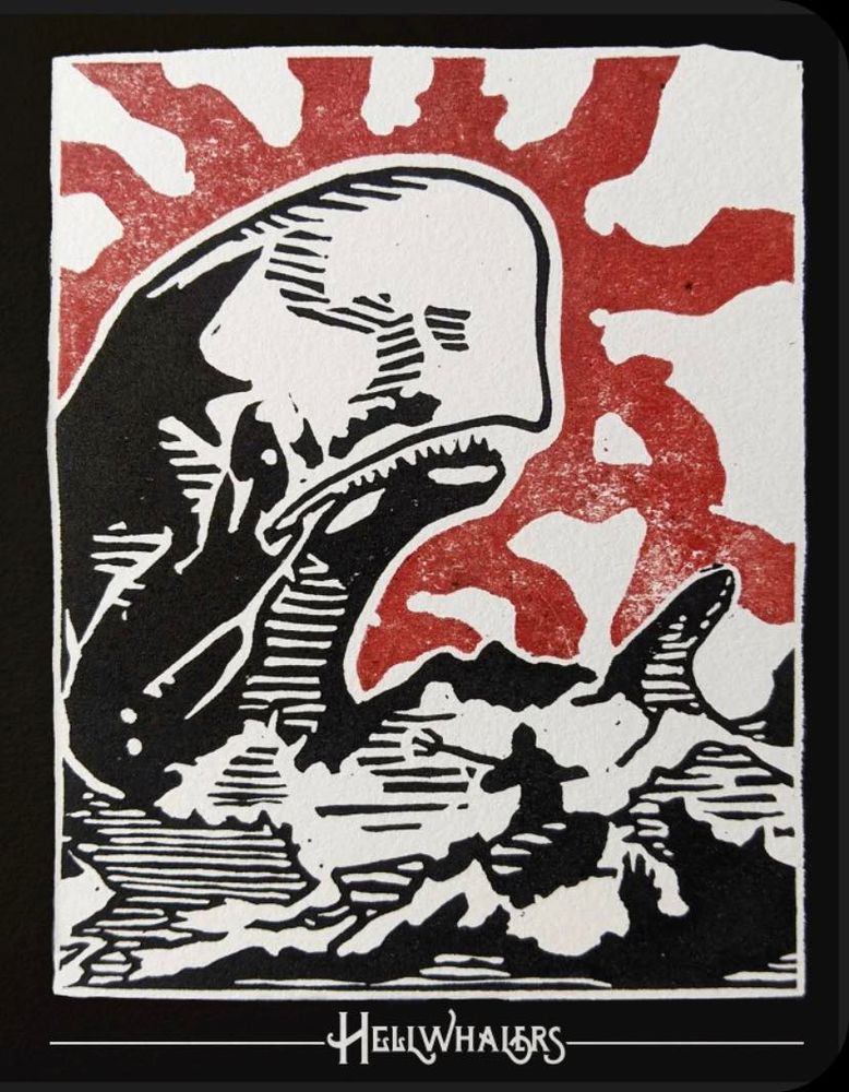A linocut print of an enormous whale, surging from the sea. A small whaler stands defiantly in the foreground on a boat. The background of the whale is lit with dramatic red lines of emphasis or energy.