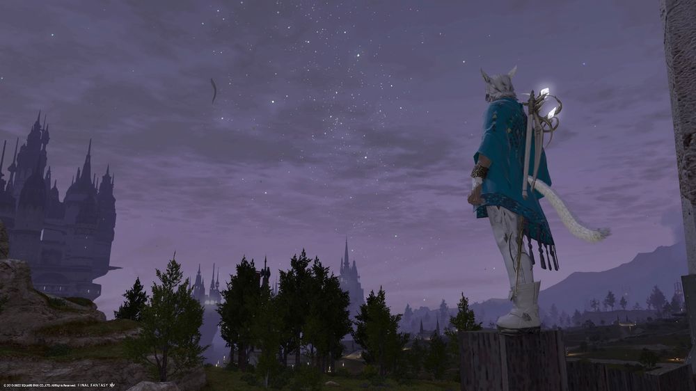 Koh'sae in turquoise Ala Mhigan Gown and white pants and boots, looking into the growing purple of dawn, not far from Limsa.