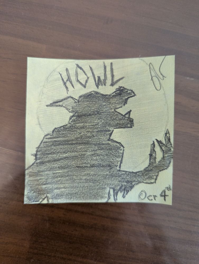 Post it note with B&W drawing of the silhouette of a werewolf standing in front of the moon