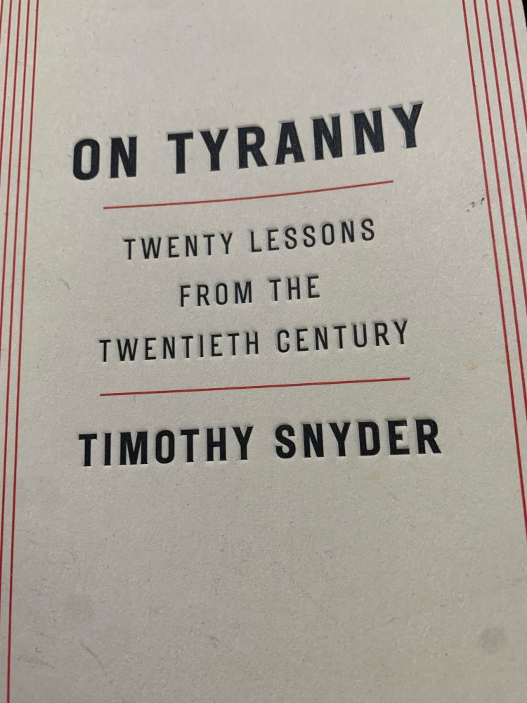 The cover of “On Tyranny” by Timothy Snyder