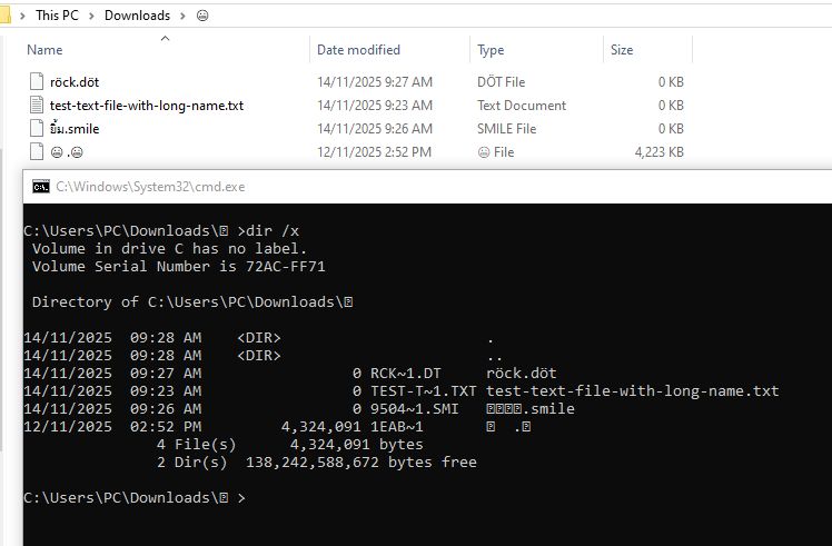 Windows explorer, showing files with horrible names
röck.döt
test-text-file-with-long-name.txt
ยิ้ม.smile
😬 .😬

Then, in front of that, the windows cmd showing the short version of these filenames

RCK~1.DT    
TEST-T~1.TXT
9504~1.SMI  
1EAB~1      

