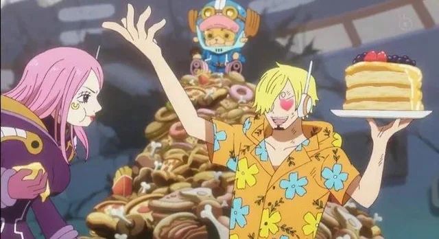 Sanji serving Bonney pancakes with heart eyes. 