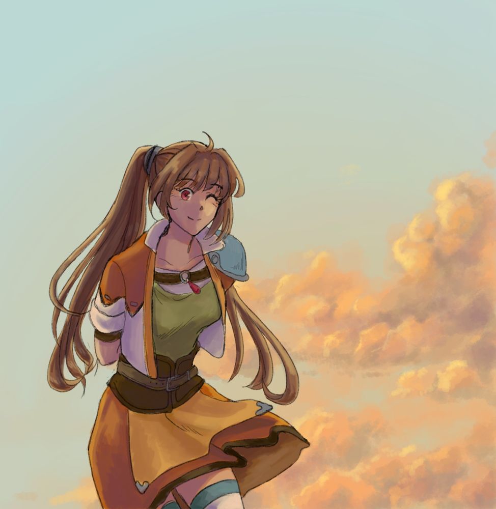 digital illustration of estelle bright from the video game trails in the sky. she wears her SC outfit and stands before a dusk sky. 