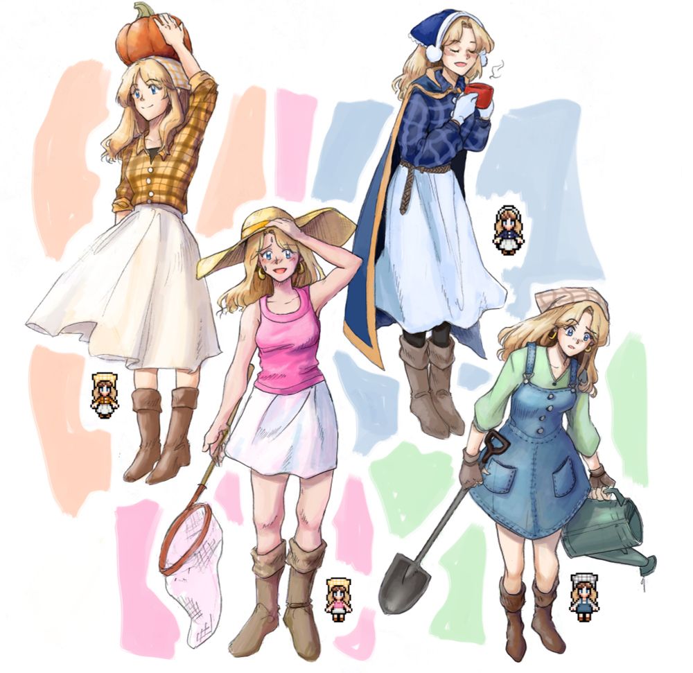 a digital illustration that is a collage of the same anime-style girl in four different outfits. a stained-glass-esque pale color blob background is behind the figures.