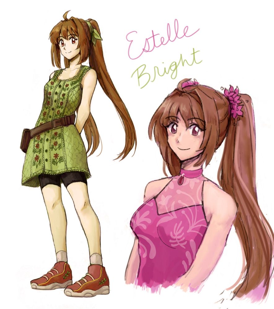 Drawing of Estelle from the video game Trails in the Sky. To the left is a full figure of her wearing a short green dress. To the right is a bust portrait of her in a formal pink gown. 