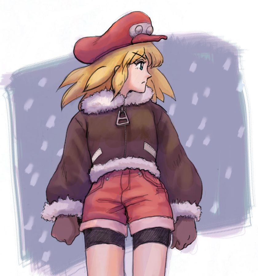 A digital illustration of the character Roll Caskett from the video game duology Mega Man Legends. She is facing forward but looking to her right, and wears a winter coat over her usual outfit. A sketchy snowy background is behind her. Her face appears resolute.
