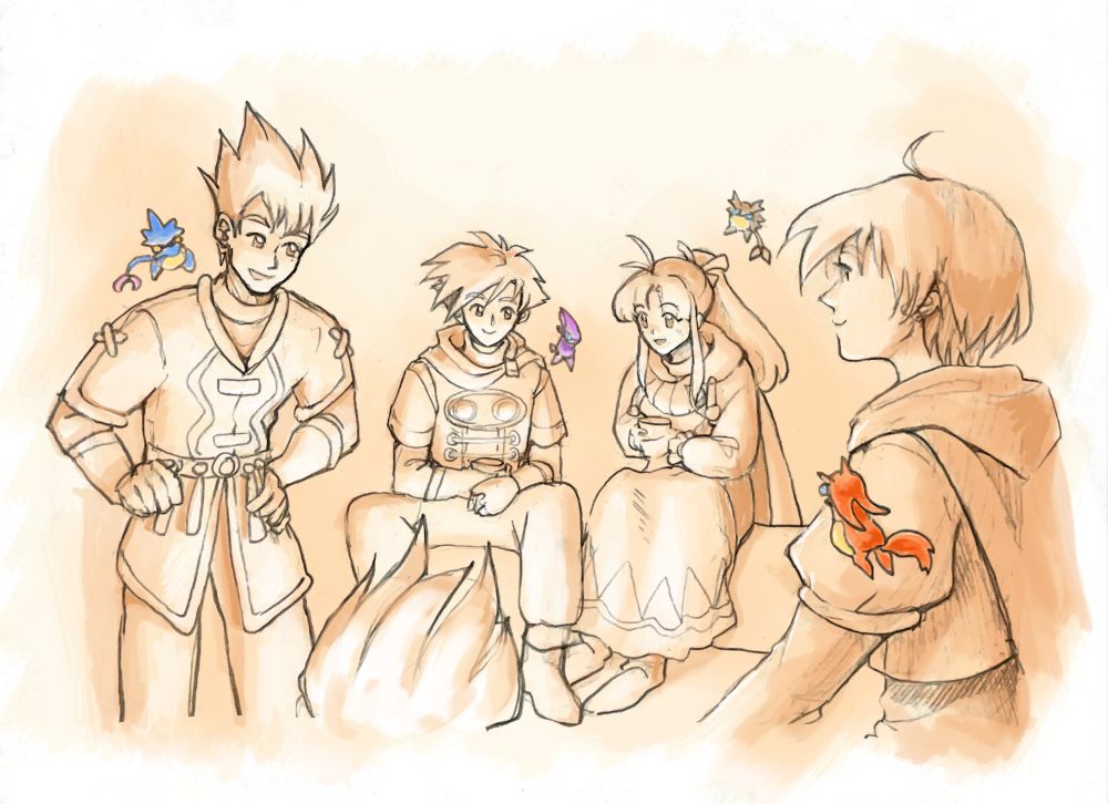 a digital illustration of the cast of the Gameboy game, Golden Sun, sitting around a campfire. The illustration is in a sepia monotone, except for the djinn in color.