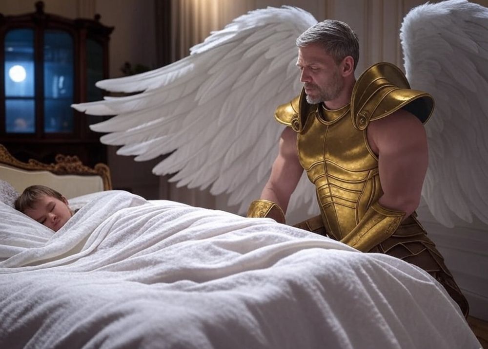 A ruggedly handsome angel with huge white wings gold sleeveless armor and muscular shoulders and arms  watches over the bedside of a sleeping boy.