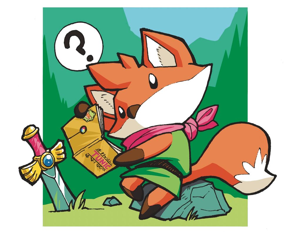 A full color illustration of Tunic from the eponymous game. The little fox is sitting on a rock with his sword stuck in the ground. He’s attempting to read the manual from the game and expressing his confusion through his head tilting, rotating the book itself, and a question mark word bubble above his head.