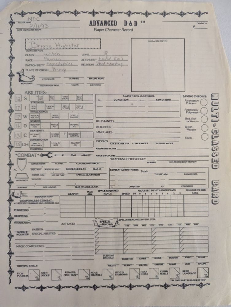 Advanced Dungeons & Dragons character sheet for Briana Highstar