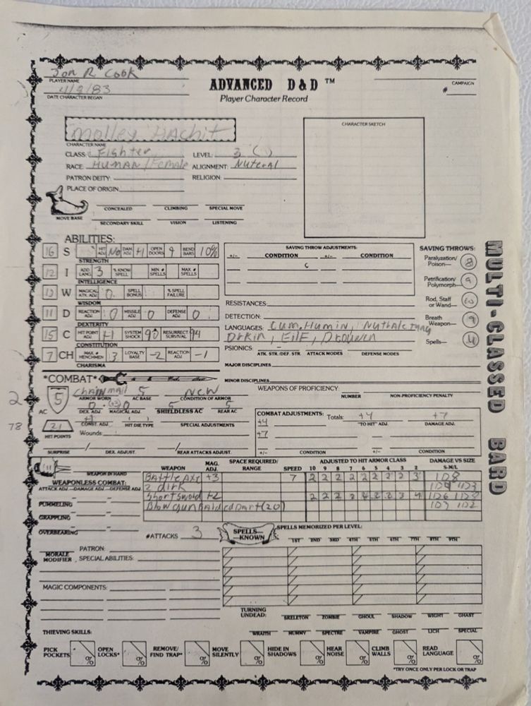 Advanced Dungeons & Dragons character sheet for Molley Hachit, a 3rd level fighter, but she is really more of a renegade.