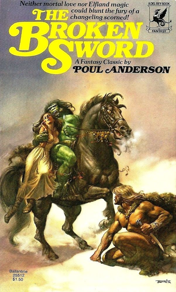 cover for Poul Anderson's "The Broken Sword" 
Featuring a troll on horseback kidnapping a woman while a human fighter on the ground prepares to fight back.