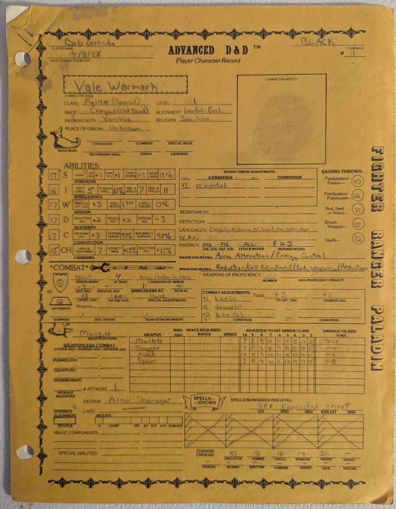 Advanced Dungeons & Dragons character sheet for Vale Warmark. 