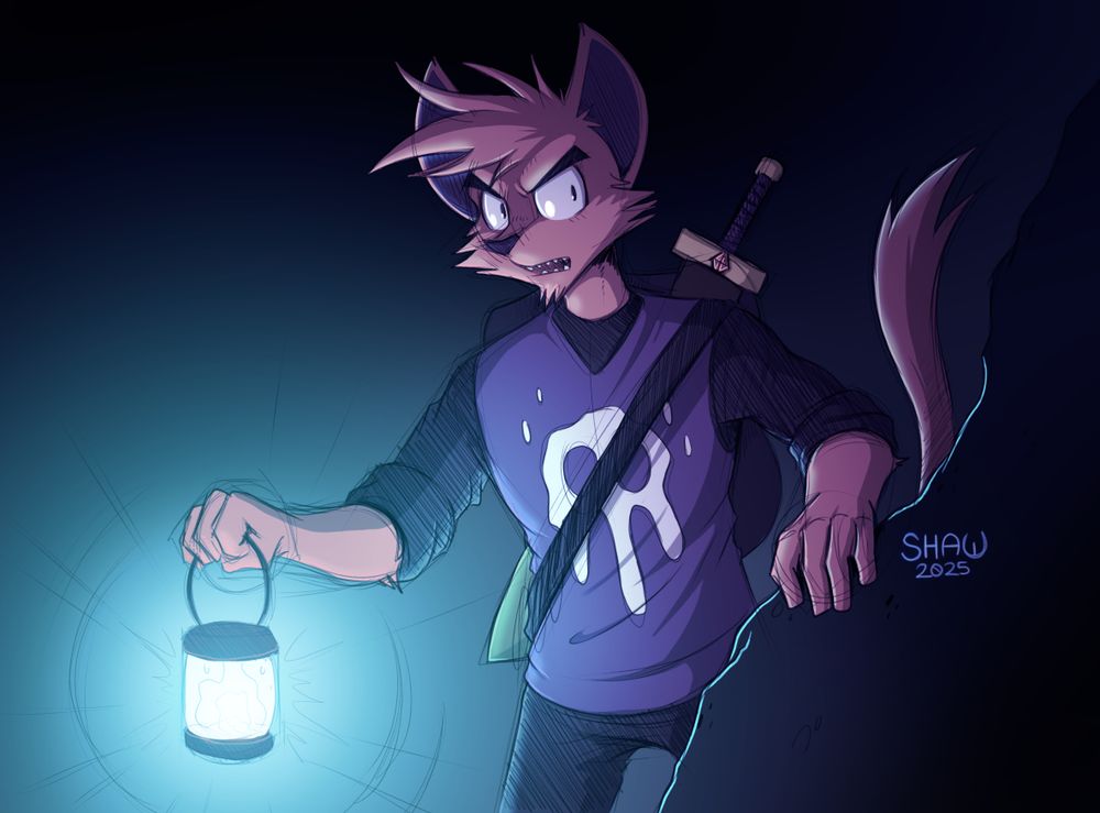 An anthropomorphic cat adventurer (Shaw) carrying a blue lantern, peeking around a corner in some kind of dark cave. 