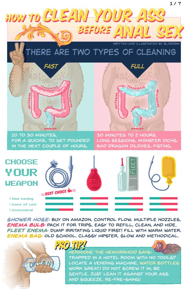 How to Clean Your Ass Before Anal Sex

Written and illustrated by Blindjaw.
There are two types of cleaning.
Fast: 10 to 30 minutes. For a quickie, to get pounded in the next couple of hours.
Full: 30 minutes to 2 hours. Long sessions, monster dicks, Bad Dragon dildoes, fisting.

Choose your weapon.
Shower hose: Buy on Amazon. control flow. Multiple nozzles.
Enema bulb: Pack it for trips. Easy to refill, clean, and hide.
Fleet enema: Dump irritating liquid first! fill with warm water.
Enema bag: Old school. Classy hipster. Slow and methodical.

Pro tip!
Hermione the Hemorrhoid says: Trapped in a hotel room with no tools? Locate a vending machine, water bottles work great! Do not screw it in, be gentle. Just lean it against your ass and squeeze. Re-fre-shing!