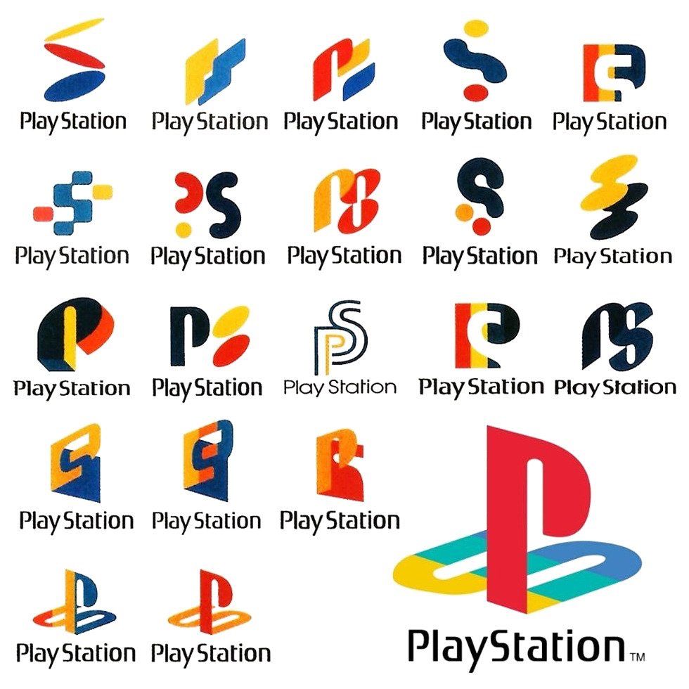 15 proposals for the first Playstation game console logo of various shapes and colors (mostly orange, red, blue and black), with the final version on the bottom right.