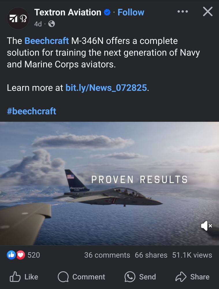 screenshot of a promoted Facebook post advertising the beechcraft M-346N advanced jet trainer. like I'm going to be involved in the purchasing process in any way