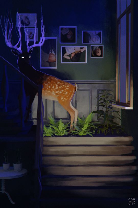 A dark staircase only illuminated by the dim light coming from a window and the viewers flashlight. A red deer can be seen climbing up the stairs, turning its head around to look at the viewer. The deer's head is shrouded in darkness with its eyes glowing white.