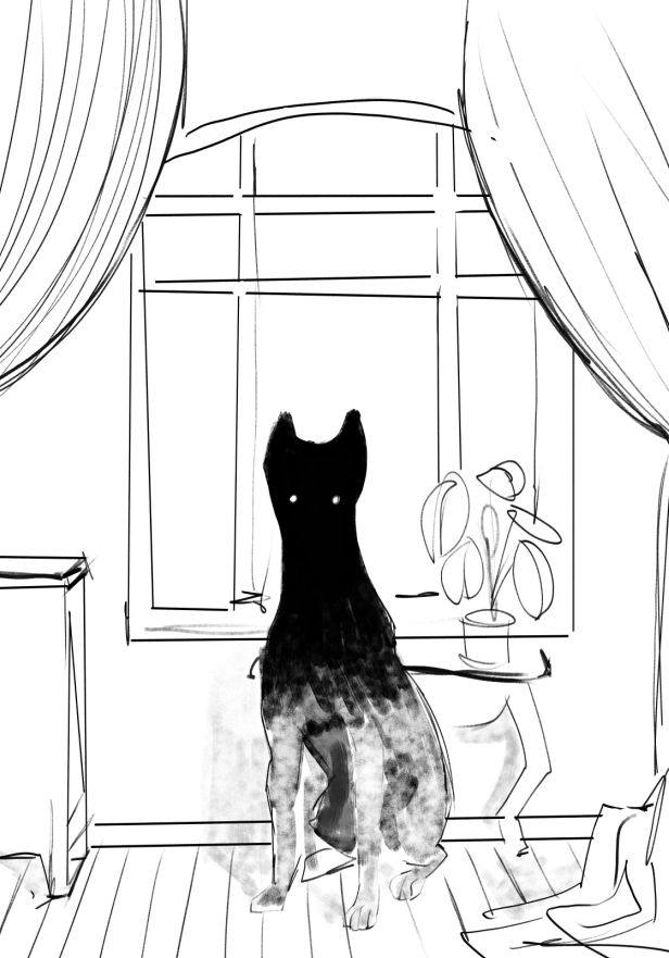 monochrome sketch of the BIG EVIL DOG with BIG EVIL eyes in front of a window.