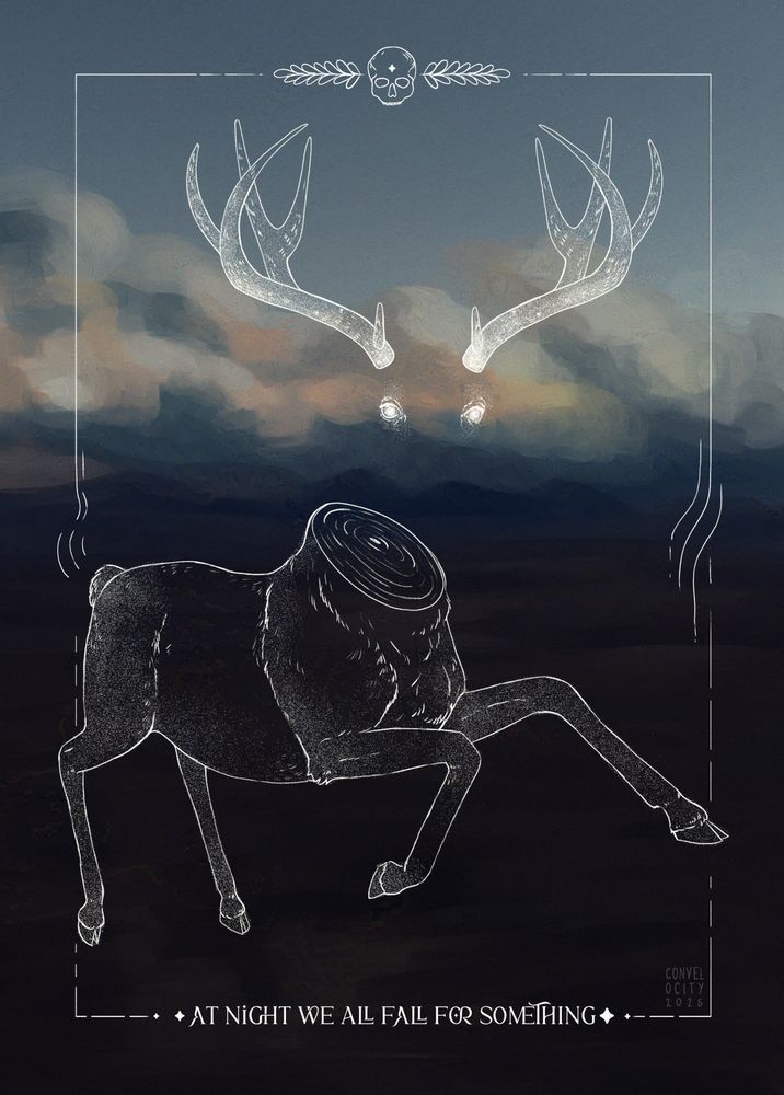 Digital drawing. The faint ghostly outlines of a fallow deer without a head against the blurry mountain landscape at sunset. The ghostly deer is glowing white, two white eyes are in place where its head should be. The caption underneath reads "at night we all fall for something" in capital letters. Say hi to this friend I made while I went hiking in Scandinavia. 