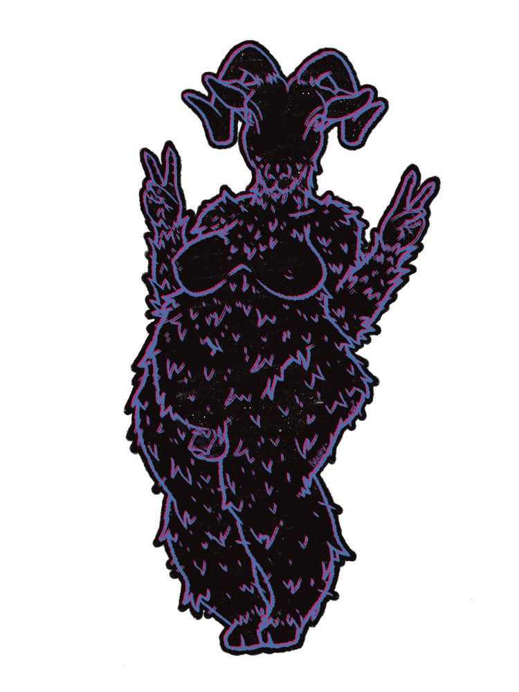 A drawing of a goat demon with breasts and penis out. Her name is Baphy 