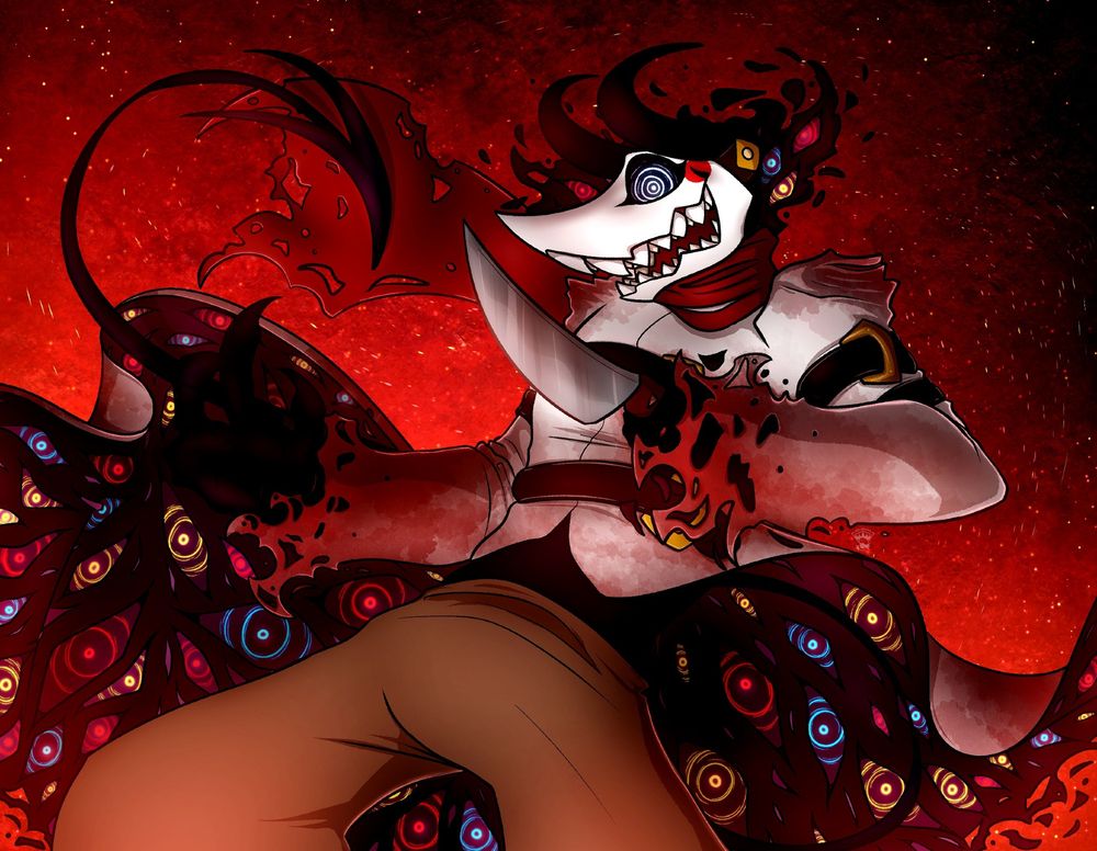 A white demonic monster character stands as a halfbody against a red, firey background. He is wielding a knife. He is staring at the viewer with a wide eye open on his white pointed mask, and is laughing with a sharp, jagged mouth. The inside of his coat is covered in red, yellow, and blue glowing eyes that are all looking at the viewer.