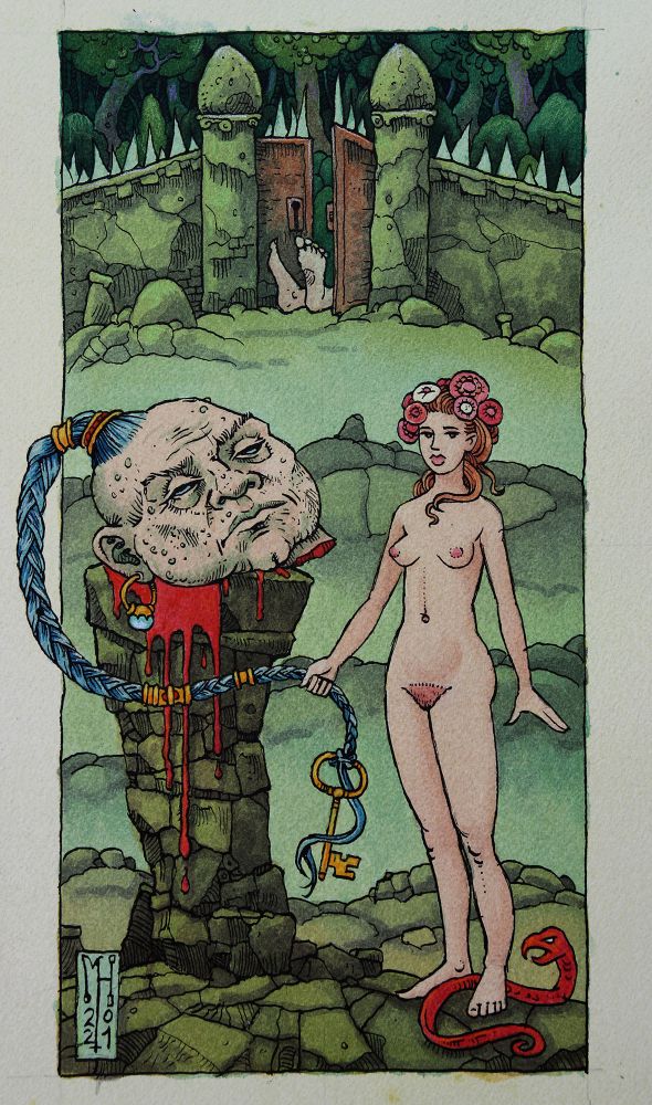 III – Eden
In this card, Eden represents the paradox of innocence reclaimed through violence and knowledge. A nude woman stands serenely before a stone pillar bearing the severed, bleeding head of a giant or tyrant. Her nudity suggests purity and truth unmasked, while the wreath of flowers in her hair evokes both fertility and decay. The golden key she holds—tied to the slain head’s braided hair—symbolizes liberation through forbidden understanding, a secret earned at terrible cost.
Behind her, a gate stands ajar, a footless corpse sprawled beyond, hinting at expulsion and return—the garden lost and regained by transgression. The serpent coiled around her feet recalls temptation but now serves her, transformed from deceiver into ally. Eden is no longer a paradise of ignorance but a hard-won domain of autonomy. The card speaks of awakening, rebellion, and the acceptance that paradise must be remade, not remembered.
My surreal and very free interpretation of a Tarot set, "The Labyrinth of false Prophecies", is available again in my Etsy shop: https://www.etsy.com/shop/EditionKunstKrake