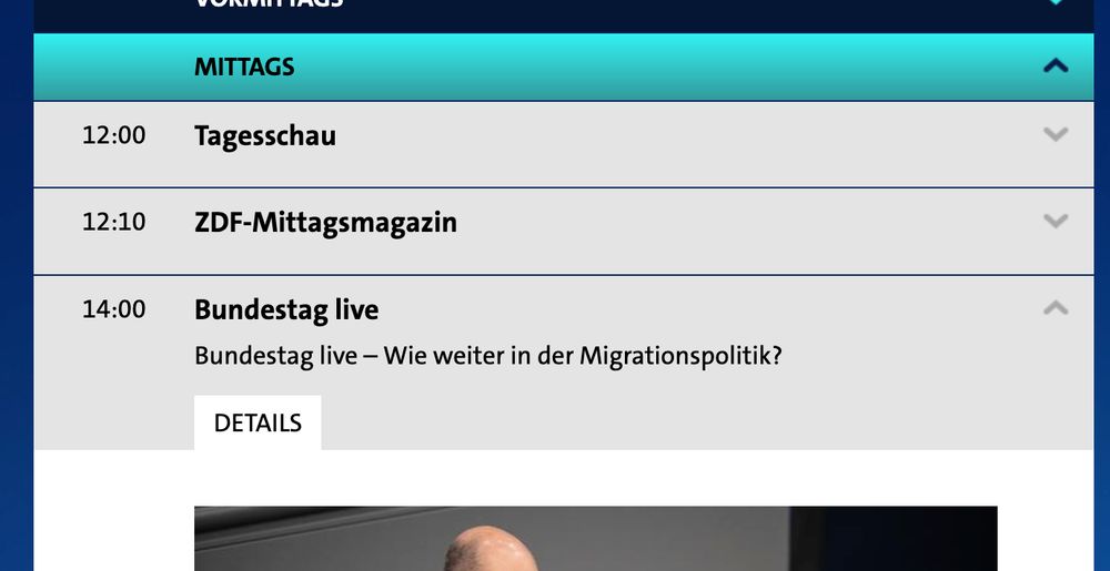Screenshot aus dem TV-Programm, 12 Uhr Tagesschau, 12:20 ZDF-Mittagsmagazin, 14:00 "Bundestag live - Wie weiter in der Migrationspolitik?"