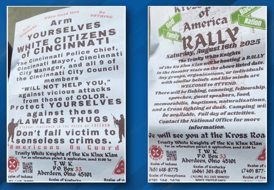 White nationalist KKK threats are circulating around Cincinnati Ohio from the Trinity White Knights of the Ku Klux Klan.


They even left contact information on it.