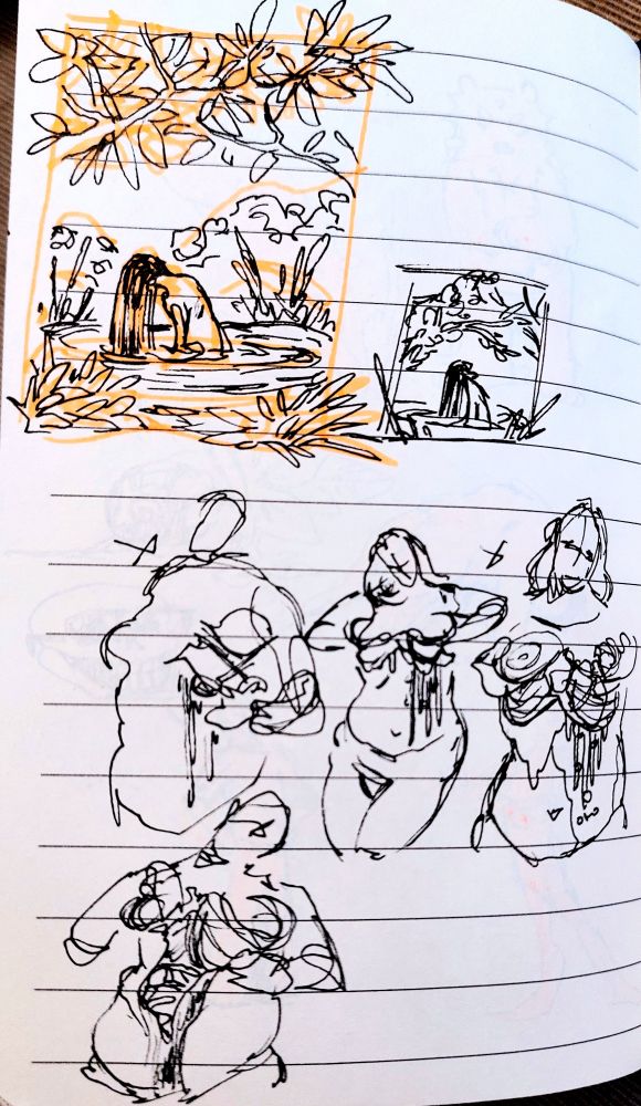 Sketches of a person tearing apart their chest, and someone taking a bath in the forest
