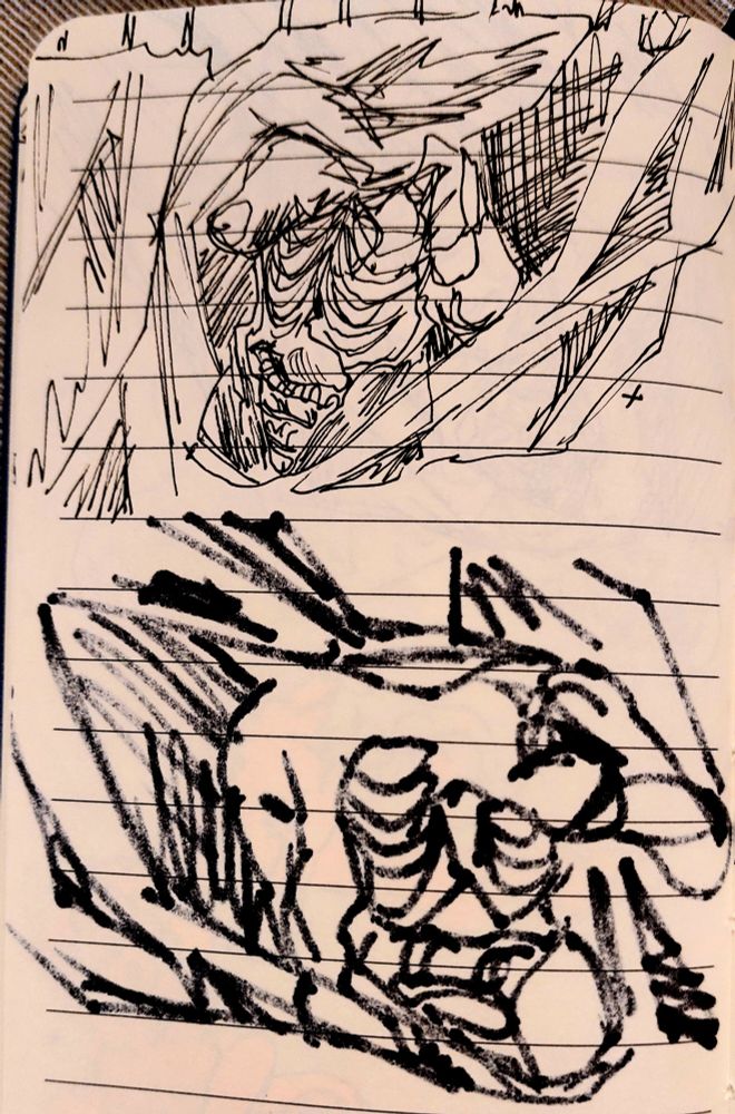 Sketches of a person tearing apart their chest