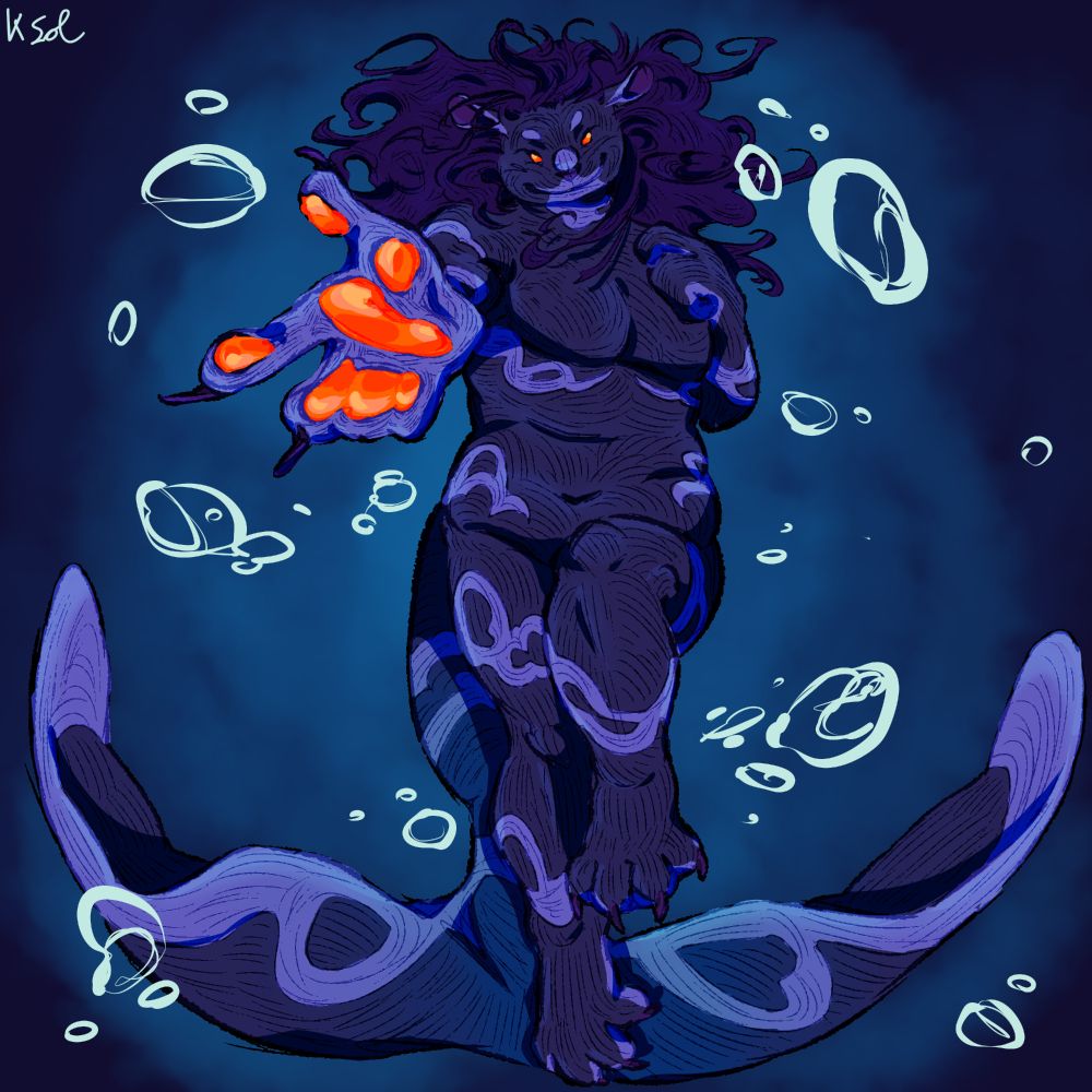 my oc bubbles, falling backwards in the ocean's depth holding a paw out as an invite to join him