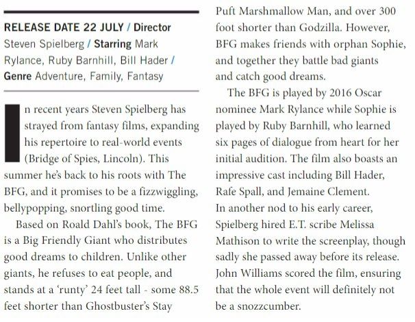 RELEASE DATE 22 JULY / Director

Steven Spielberg / Starring Mark Rylance, Ruby Barnhill, Bill Hader / Genre Adventure, Family, Fantasy

n recent years Steven Spielberg has strayed from fantasy films, expanding his repertoire to real-world events (Bridge of Spies, Lincoln). This summer he's back to his roots with The BFG, and it promises to be a fizzwiggling, bellypopping, snortling good time.

Based on Roald Dahl's book, The BFG is a Big Friendly Giant who distributes good dreams to children. Unlike other giants, he refuses to eat people, and stands at a 'runty' 24 feet tall - some 88.5 feet shorter than Ghostbuster's Stay

Puft Marshmallow Man, and over 300 foot shorter than Godzilla. However, BFG makes friends with orphan Sophie, and together they battle bad giants and catch good dreams.

The BFG is played by 2016 Oscar nominee Mark Rylance while Sophie is played by Ruby Barnhill, who learned six pages of dialogue from heart for her initial audition. The film also boasts an impressive cast including Bill Hader, Rafe Spall, and Jemaine Clement. In another nod to his early career, Spielberg hired E.T. scribe Melissa Mathison to write the screenplay, though sadly she passed away before its release. John Williams scored the film, ensuring that the whole event will definitely not be a snozzcumber.