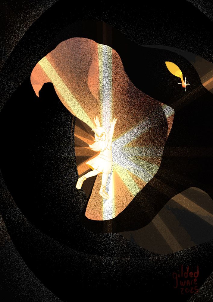 A young girl flinging herself into the open maw of a serpent. She's glowing like the sun, arms outstretched. The serpent is black with golden eyes, a red tear welling up in the eye that's visible to the viewer.

Uma garotinha se atirando na boca aberta de uma serpente. Ela brilha como o sol, de braços abertos. A serpente é preta com olhos dourados e há uma lágrima vermelha no olho que está visível ao espectador.